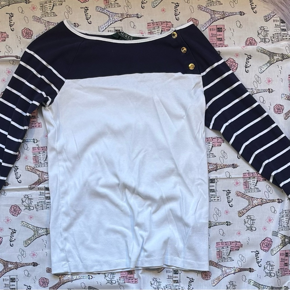 Ralph Lauren Navy and White Striped Top with Faux Gold Buttons